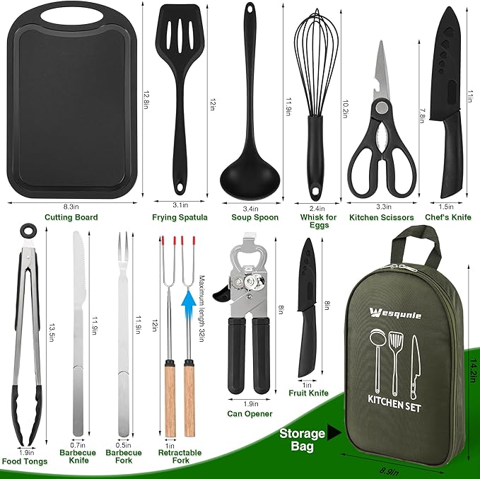 Camping Essentials Cookware Cooking Utensils Set - Portable Camp Kitchen Mess Kit Outdoor Accessories, Stainless Steel & Silicone, Camping Gear Equipment for RV Picnic Grill