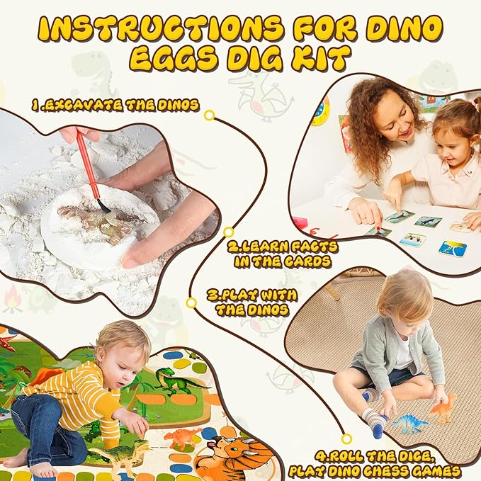 kolegend Dino Egg Dig Kit, 12 Pack Easter Basket Stuffers with 12 Dinosaur Cards and 1 Dinosaur Activity Playmat, Easter Basket Stuffers Toys for 3 4 5 6 7 8 9 10 11 Year Old Boys Girl