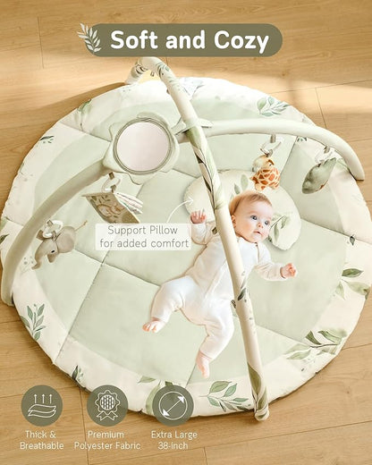 Fortella Baby Play Gym & Activity Mat, Tummy Time Mat w 5 Detachable Toys and Pillow, Large Sensory Playmat for Floor, Newborn Infant Baby Essentials Shower Gift 0-3-6-9-12 Months (Sage Green)