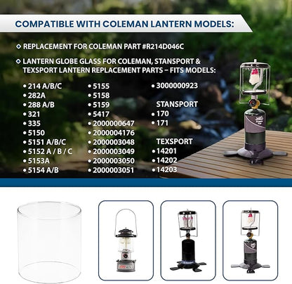 American Mantle Lantern Globe Replacement | 4.05"4.05"x4.21" Straight Clear Borosilicate Glass | Fits Colmen Models 214 282 285-700 288 321 355 5150 5151 5152 5153 5154 5155 5158 5159