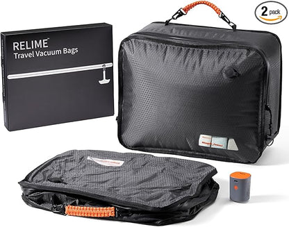 Apex Series Vacuum Bags for Travel Luggage with Wireless Pump, 180° Open, Reusable Compression Bags for Carry On Suitcases and Backpack, Vacuum Seal Packing Cube for Cloth (2Medium+Pump)