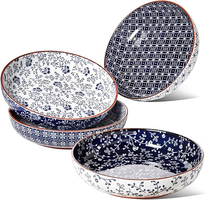 LE TAUCI Pasta Bowl 32 oz, Salad Bowl Serving Plate Bowls, Housewarming Wedding Present, Japanese-Style Ceramic Bowls for Pasta, Fruits, Salad, Noodle, Dinner - 8.2 Inch, Set of 4, Vintage Blue