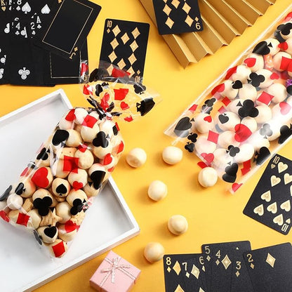 100 Pieces Casino Party Cellophane Treat Bags, Black Red Las Vegas Poker Plastic Candy Goodie Bags with 100 Silver Twist Ties for Casino Themed Poker Birthday Party Supplies