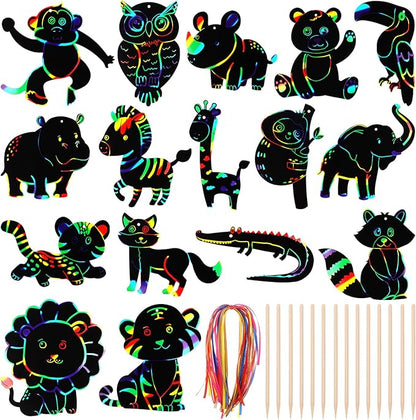 64 Pcs Wild Animal Scratch Cards DIY Rainbow Color Scratch Art Card Jungle Safari Animal Painting Scratch Off Paper for Kids Art Craft Kit with 64 Wood Stylus Ribbon for Home School Decor Party Favors