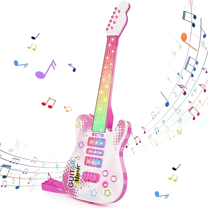 Kids Pink Guitar Toy for 3 Year Old Girls Birthday Gift Toddler Toy Ages 2-4 Electric Guitars with 4 Strings Light Up Music Toys for 3 4 5 Year Old Boys Girls Gifts