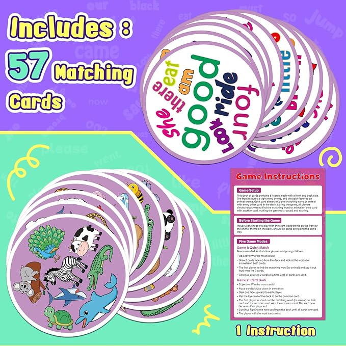 Memory Card Game, Kids Sight Word Piles Card Games, Animal Table Match Game for Toddlers, Indoor Recess Family Games, Preschool Classroom Reading Games, Homeschool Supplies