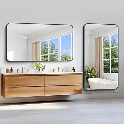 Black Bathroom Mirror, 66x36 inch Aluminum Metal Frame Rectangular Vanity Mirror