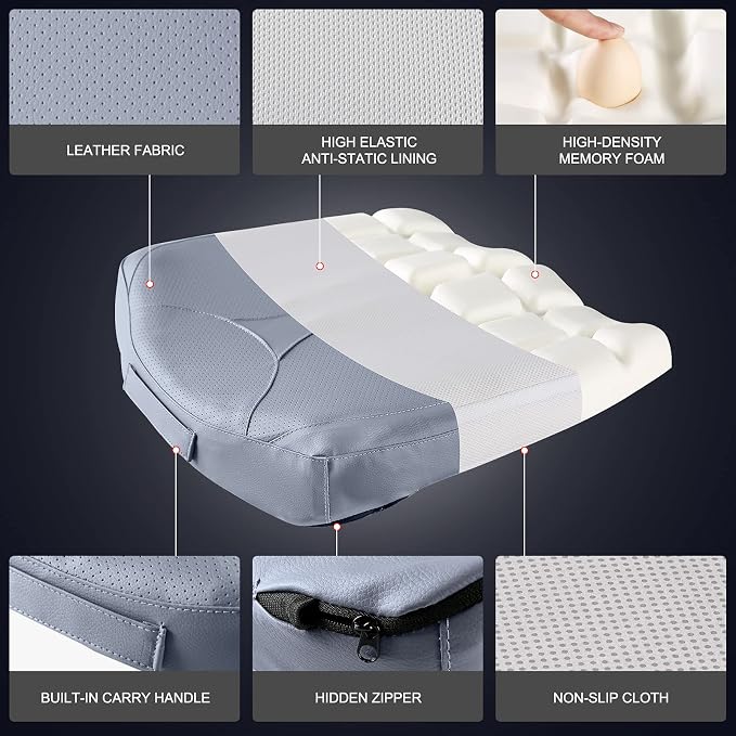 Leather Car Memory Foam Heightening Seat Cushion for Short People Driving, Hip(Coccyx/Tailbone) and Lower Back Pain Relief, Adult Booster Seat for Car, Truck,SUV,Office Chair,Wheelchair.
