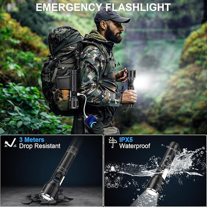 Rechargeable Magnetic Flashlights High Lumens, Super Bright LED Powerful Flashlight 8 Modes with COB Work Light, Waterproof Handheld Flash Light for Camping (2 Pc with Leather Box, Black)