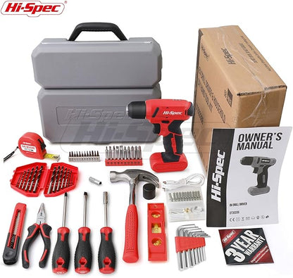 Hi-Spec 58pc Red 8V USB Electric Power Cordless Drill Driver and Home DIY Tool