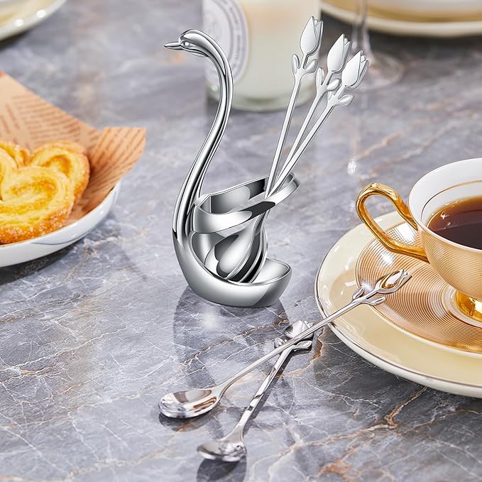 Silver Small Coffee Spoon Holder Set, Swan Base