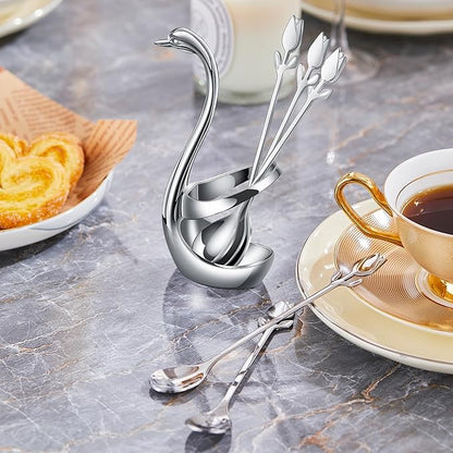 Silver Small Coffee Spoon Holder Set, Swan Base
