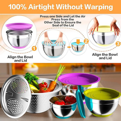 Nicdiet Mixing Bowls with Airtight Lids, Stainless Steel Mixing Bowl Set with 3