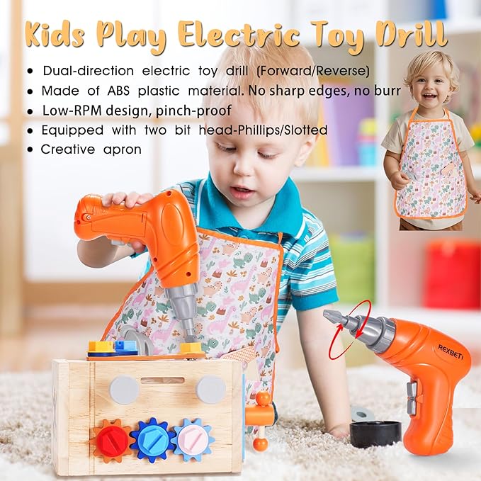 REXBETI Kids Tool Set, 43Pcs Wooden Toddler Tool Bench with Electric Drill, Apron and A Pack Stickers(50pcs), Montessori Construction Toddler Tool Set