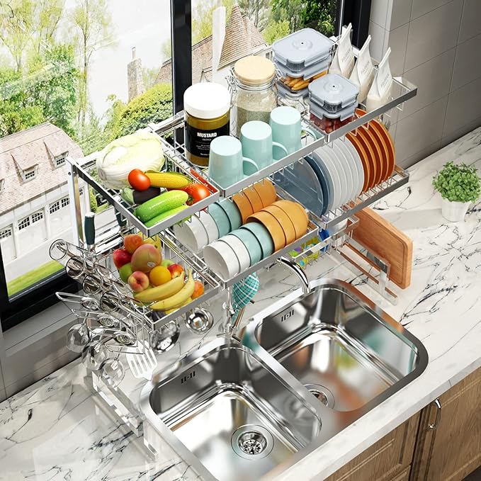 PUSDON Over Sink Dish Drying Rack Stainless Steel, Adjustable Large Dish Drainer