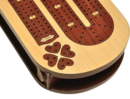 PALM ROYAL HANDICRAFTS 4 Track Wooden Cribbage Board Set Inlaid in Rose Wood and Maple Wood with pegs and Cards. Storage Available. 4 Player Cribbage Board (15 x 5 Inches)