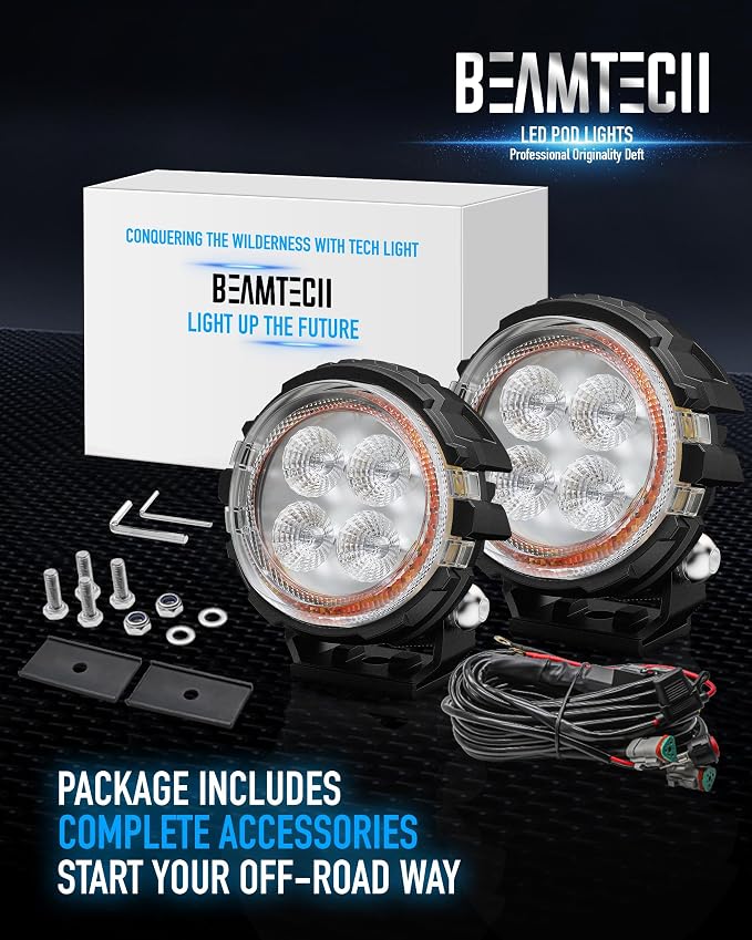 BEAMTECH 3" LED Pods, White Flood Beam Off Road Ditch Lights with Amber DRL | 2PCS Round 60W 6000LM Pod Light for Truck UTV ATV Motorcycle – Fog/Reverse/Backup Lights