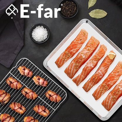 E-far Baking Sheet with Wire Rack, Large Stainless Steel Cookie Sheets Pan &