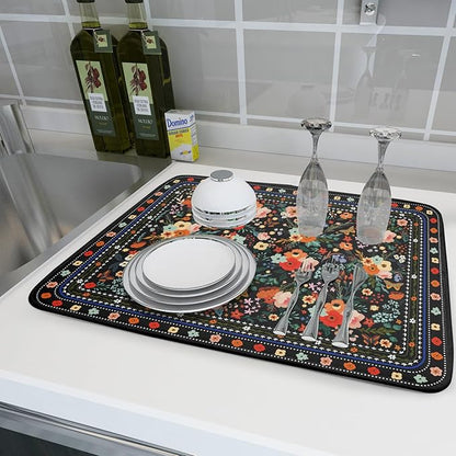 Floral Microfiber Dish Drying Mat Large Absorbent Dish Drainer Rack Pad