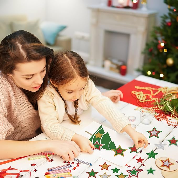 JULBEAR Star Foam Sticker, 300Pcs Christmas Glitter Star Shapes Foam Stickers for Kids Holiday Xmas Party Favors Toddler DIY Crafts Supplies Home Decorations(Red Green Gold Silver)
