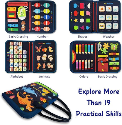 Busy Board - Dinosaur Montessori Toys for 3 4 5 Year Old - Sensory Toys for Autistic Children - Toddler Travel Toys - Busy Book for Toddlers Activities as Boys Girls Gift