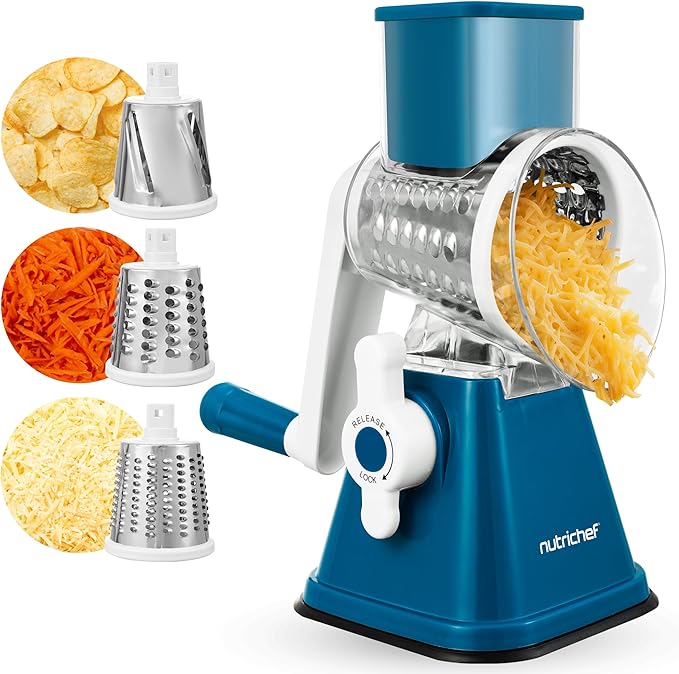 NutriChef 3 in 1 Cheese Grater & Shredder | Strong Suction Base, Rotary Handle