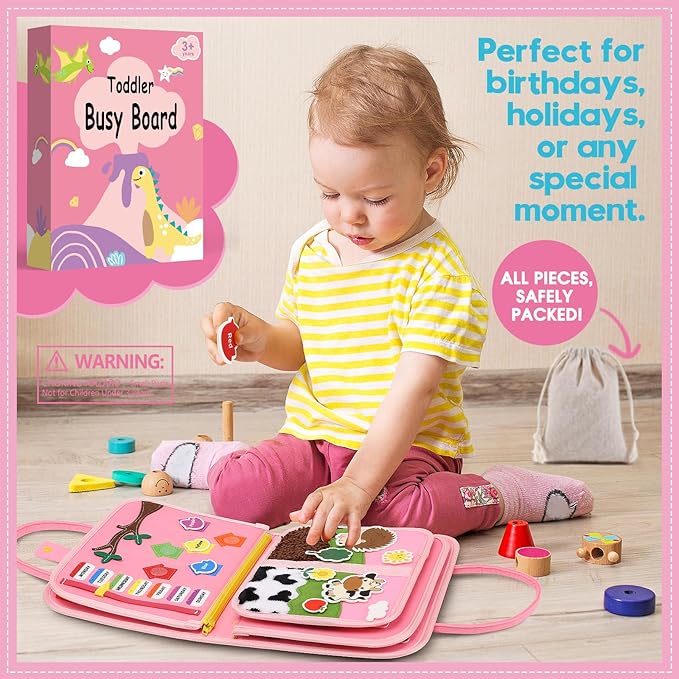 Toddler Sensory Busy Board: Travel Toy Activity Book for Girls Boys, Motor Skill Development Gift for Baby Aged 3-4 Years, Fine Educational Preschool Montessori Learning Toy for Car Airplane Unicorn
