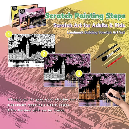 Scratch Art Painting Kit for Adults-8 Sheets A4 Rainbow Scratch Painting Paper Craft Set with City Landmarks|Stress Relief Gift for Travel&Craft Lovers|Scratch Art Home Decor(Europe Series 2)