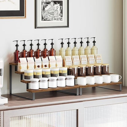 YATINEY Spice Rack, 4 Tier Wooden Display Riser Stand, Kitchen Storage Organizer