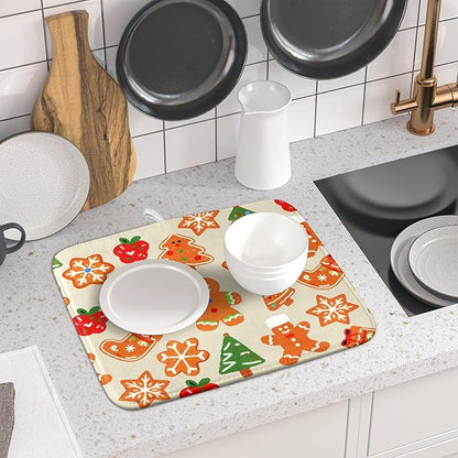 Christmas Dish Drying Mat for Kitchen Counter 16x18 Cute Gingerbread Themed