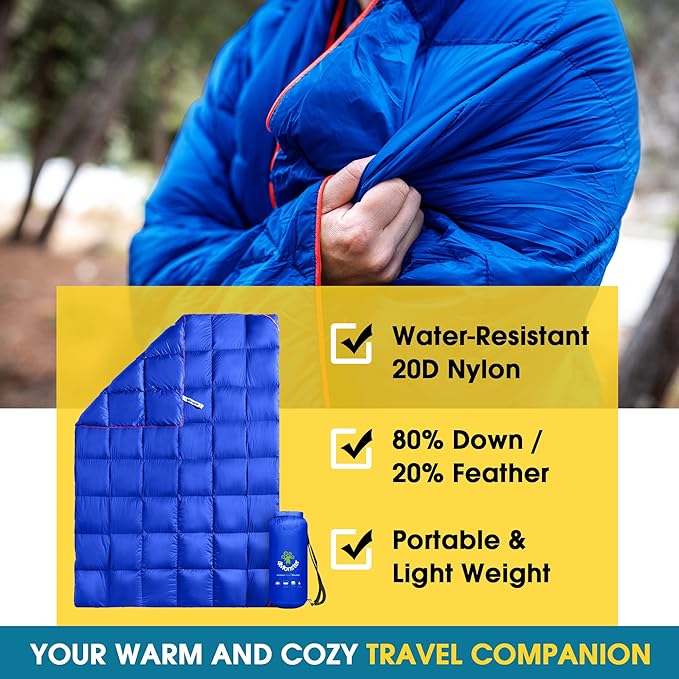 4Monster Down Camping Blanket - Outdoor Travel Quilt Puffy 650 Fill, Packable, Lightweight,Wind & Waterproof | Ideal for Stadium, Backpacking,Picnics, Beach and Hiking