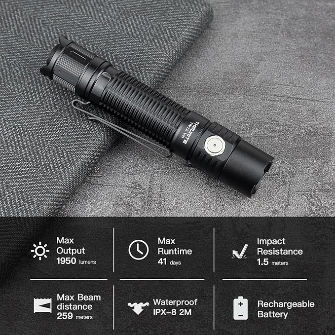 ThruNite TN12 V6 Tactical LED Flashlight, High 1950 Lumens Dual Switch, USB-C Rechargeable Flashlight Compact for EDC, Law Enforcement, and Outdoor Use (Cool White)