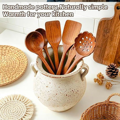 Rustic Kitchen Utensil Holder for Countertop, 7.6x4.9In Large Ceramic Cooking