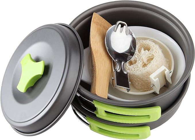 MalloMe Camping Cookware Mess Kit for Backpacking Gear – Camping Cooking Set - Camping Pots and Pans Set - Backpacking Stove/Portable Stove Compatible - Camp Kitchen Equipment Accessories Pot
