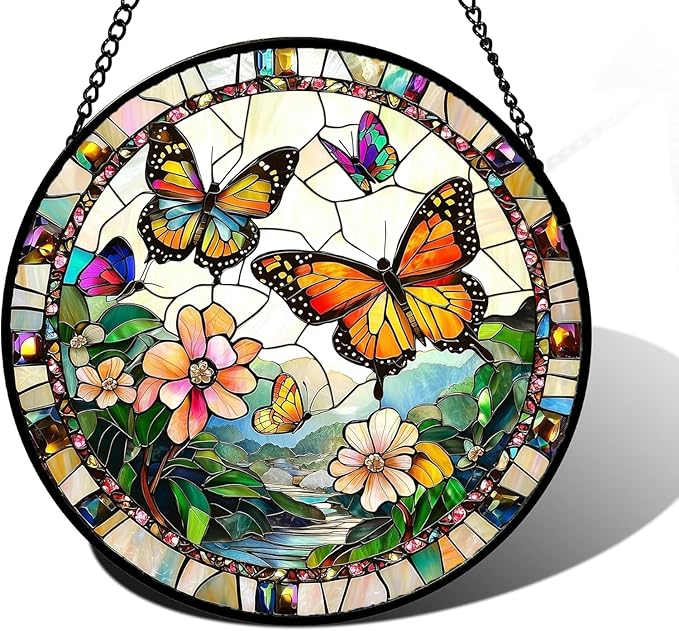 DASTOLL Stained Glass Window Hanging, Butterflies Flying in The Sky Suncatcher
