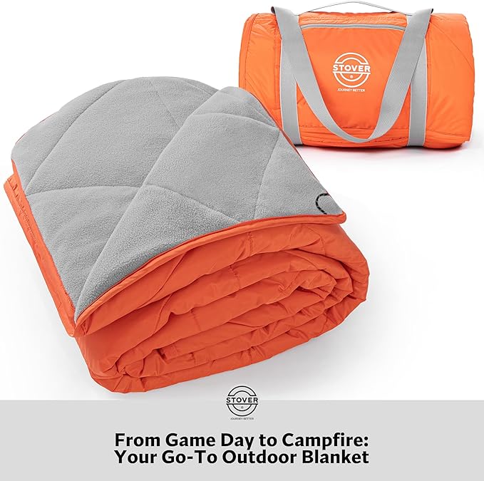 STOVER Waterproof Stadium Blanket – Portable Outdoor Camping Blanket for Travel, Picnics, or Sports – Warm, Windproof, Lightweight, and Packable (Game Day Orange)