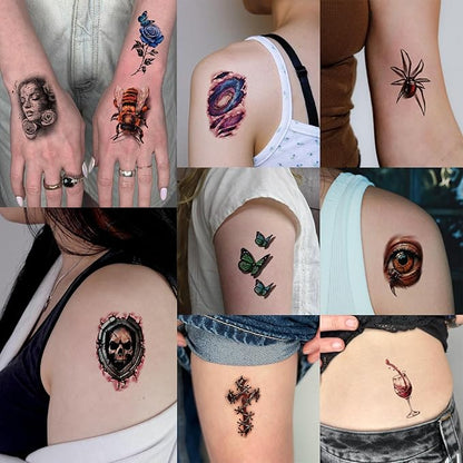 77 Sheets Temporary Tattoo for Women Men, 17 Sheets Half Arm Large 3D Eyes Lion Tiger Spider Fake Tattoos, 60 Sheets Flower Snake Skull Tiny for Adult Kids Cosplay Body Tattoos Stickers Realistic