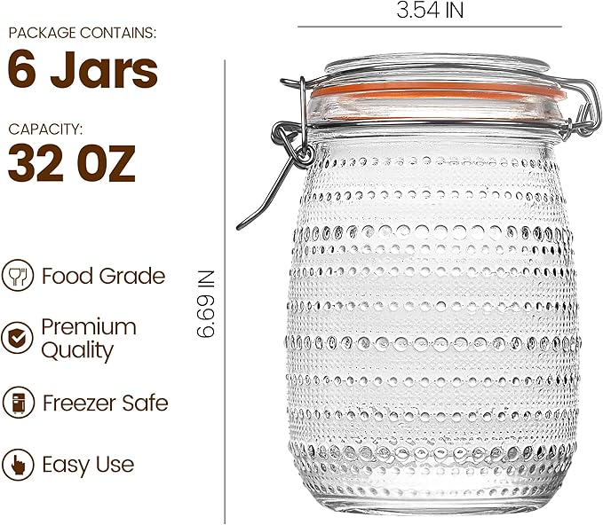 32 Oz Glass Mason Jars with Airtight Lids 6 Pack, Wide Mouth Canning Jars with Clip Top Lids for Kitchen Storage Pickling Salad Jams Coffee Beans
