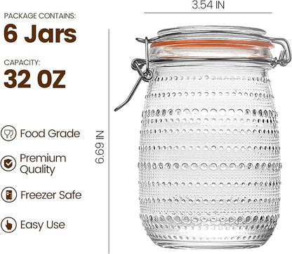 32 Oz Glass Mason Jars with Airtight Lids 6 Pack, Wide Mouth Canning Jars with Clip Top Lids for Kitchen Storage Pickling Salad Jams Coffee Beans