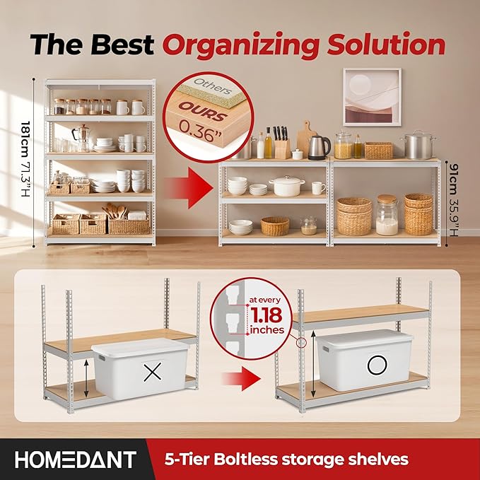 HOMEDANT White 5 Tier Laminated Boltless Heavy Duty Garage Storage Adjustable Wide Size Metal Shelving Unit Utility Rack Shelves Organization Shelf Shed Warehouse 47.7" W x 18.2" D x 71.3" H 1Pack