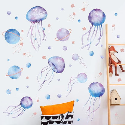 Starry Sky Jellyfish Wall Sticker Glow in The Dark Wall Stickers Stars Fluorescent Green Luminous Wall Decals DIY Peel Stick Art Decor for Walls Ceiling Kids Bedroom Living Room Nursery Girls and Boys(Green)