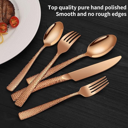 20-Piece Rose Gold Hammered Stainless Steel Flatware Set for 4, Including Fork, Knife, Spoon Set, Home Kitchen Cutlery Sets, Dishwasher Safe