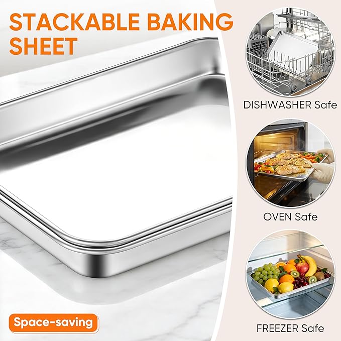 LIANYU Stainless Steel Baking Sheet Pans of 2, 12.4x9.7 Inch Quarter Sheet Pan