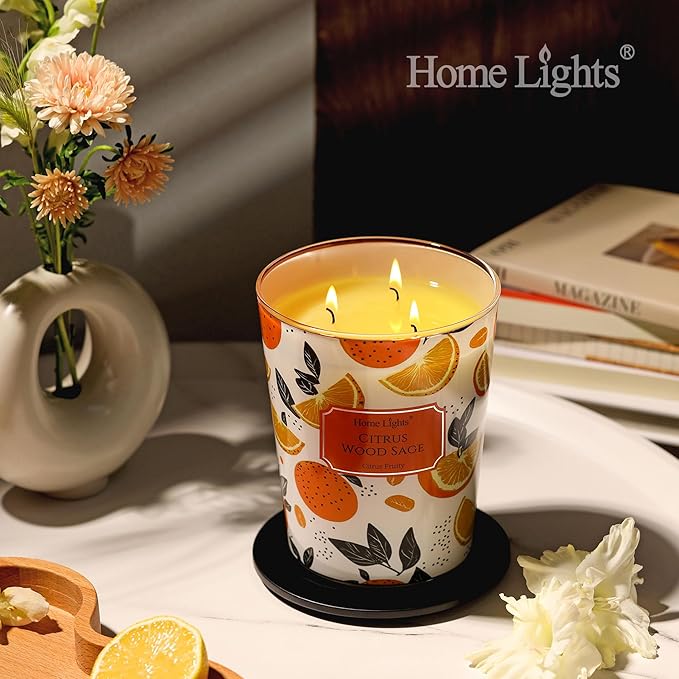 HomeLights Citrus Wood Sage Scented Candles | 34oz Soy Candles Eclectic Mixed Styles 3-Wick Large Candle Jars | Ideal Candle Gifts for Events, Home Decor Stress, Relief & Relaxation