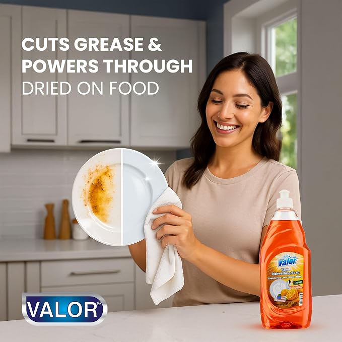 Valor Dishwashing Liquid, 25 fl oz – Dish Soap for Kitchen & Bathroom, Grease-Fighting, Gentle on Hands, Fast Rinse, Eco-Friendly Biodegradable Formula (25 fl oz (Pack of 12), Orange)
