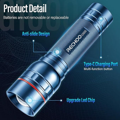 Rechargeable Flashlights High Lumens, G1000 Super Bright Flash Light, Small Zoomable LED Flashlight with 3 Lighting Modes, Portable Tactical Flashlight for Camping Essentials (Battery Included)-Blue
