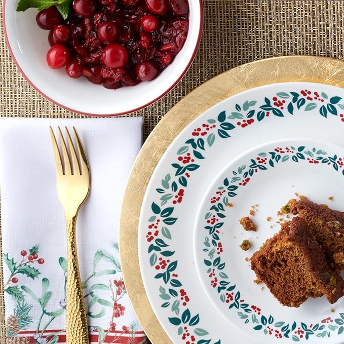 Corelle Vitrelle 18-Piece Christmas Service for 6 Dinnerware Set, Triple Layer Glass and Chip Resistant, Lightweight Round Holiday Plates and Bowls Set, Winter Berries