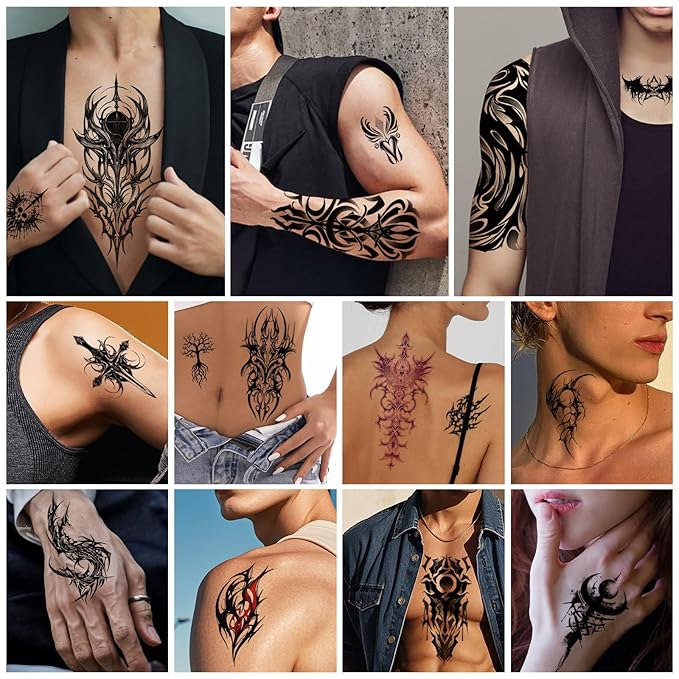 77 Sheets Cyborg Tribal Temporary Tattoo for Women Men, 17 Half Arm Large Skull Butterfly Fake Tattoos, 60 Black Vintage Tiny Adult Kid Body Tattoos Stickers Realistic Waterproof Long Lasting