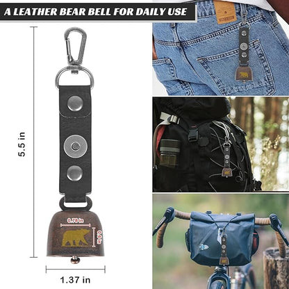 2 Pack Loud Bear Bells with Magnetic Silencer, Leather Button Strap, Carabiner for Bear Deterrent, for Survival, Hiking