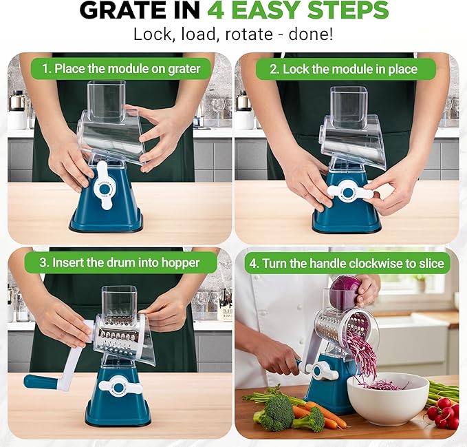 NutriChef 3 in 1 Cheese Grater & Shredder | Strong Suction Base, Rotary Handle